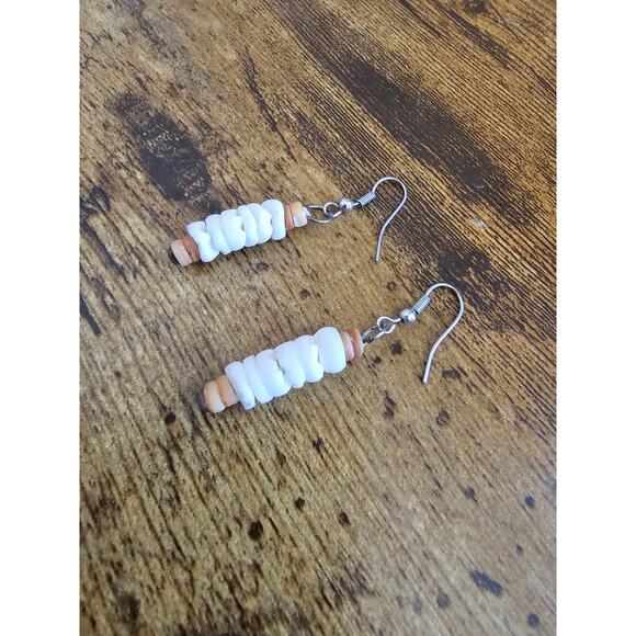 Vintage 1990s Stacked Stone French Hook Earrings White and Peach Stones - Picture 2 of 3